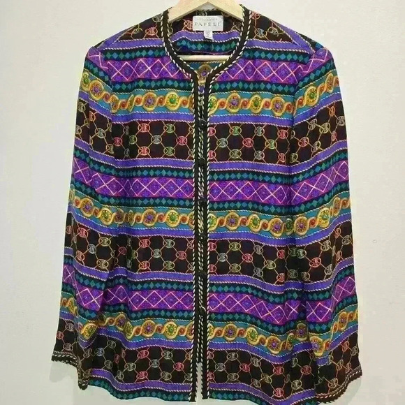 Adrianna Papell Silk Long Sleeve Button-up Shirt Jacket Sz 10 Maximalist - Picture 1 of 10